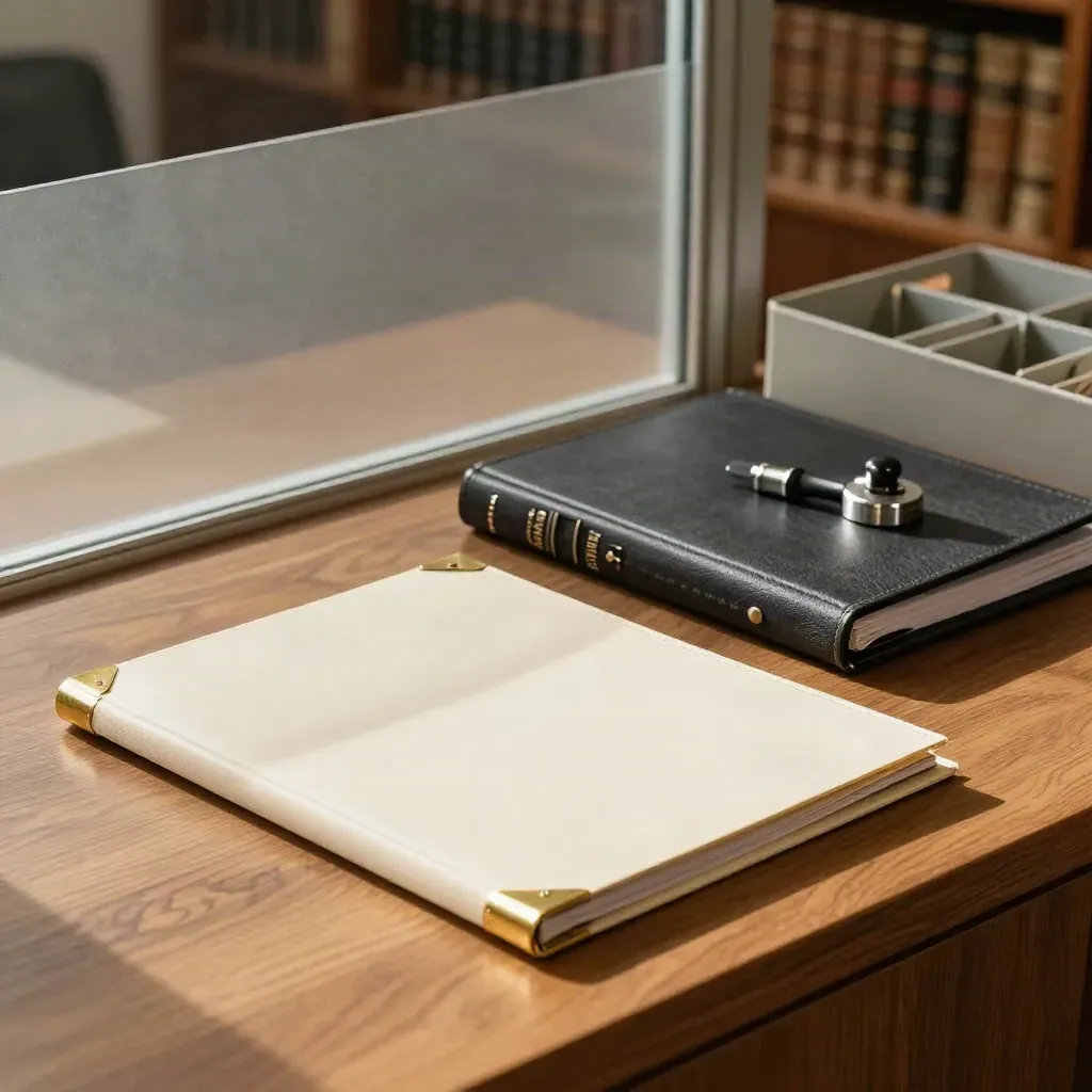 Ivory legal formation kit with binders, seal and filing tray on a warm oak sideboard.