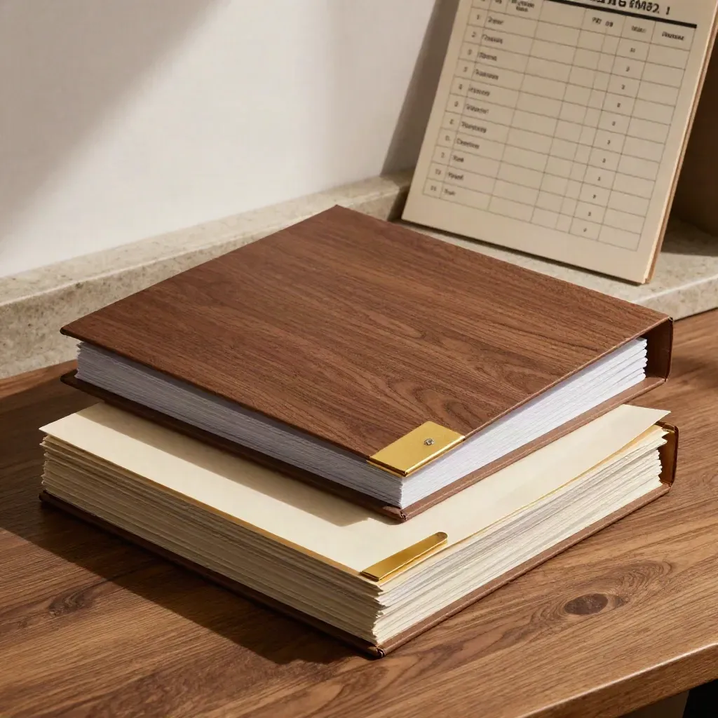 Overhead compliance folders and acetate sleeves mid-sort on a walnut workbench