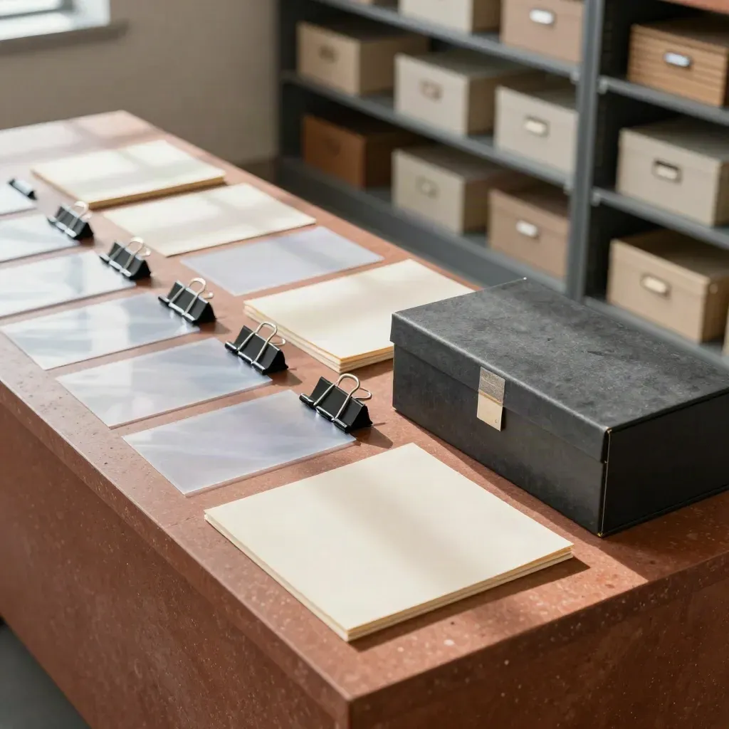 Litigation prep materials arranged in a court archive: sleeves, clips, and a heavy box