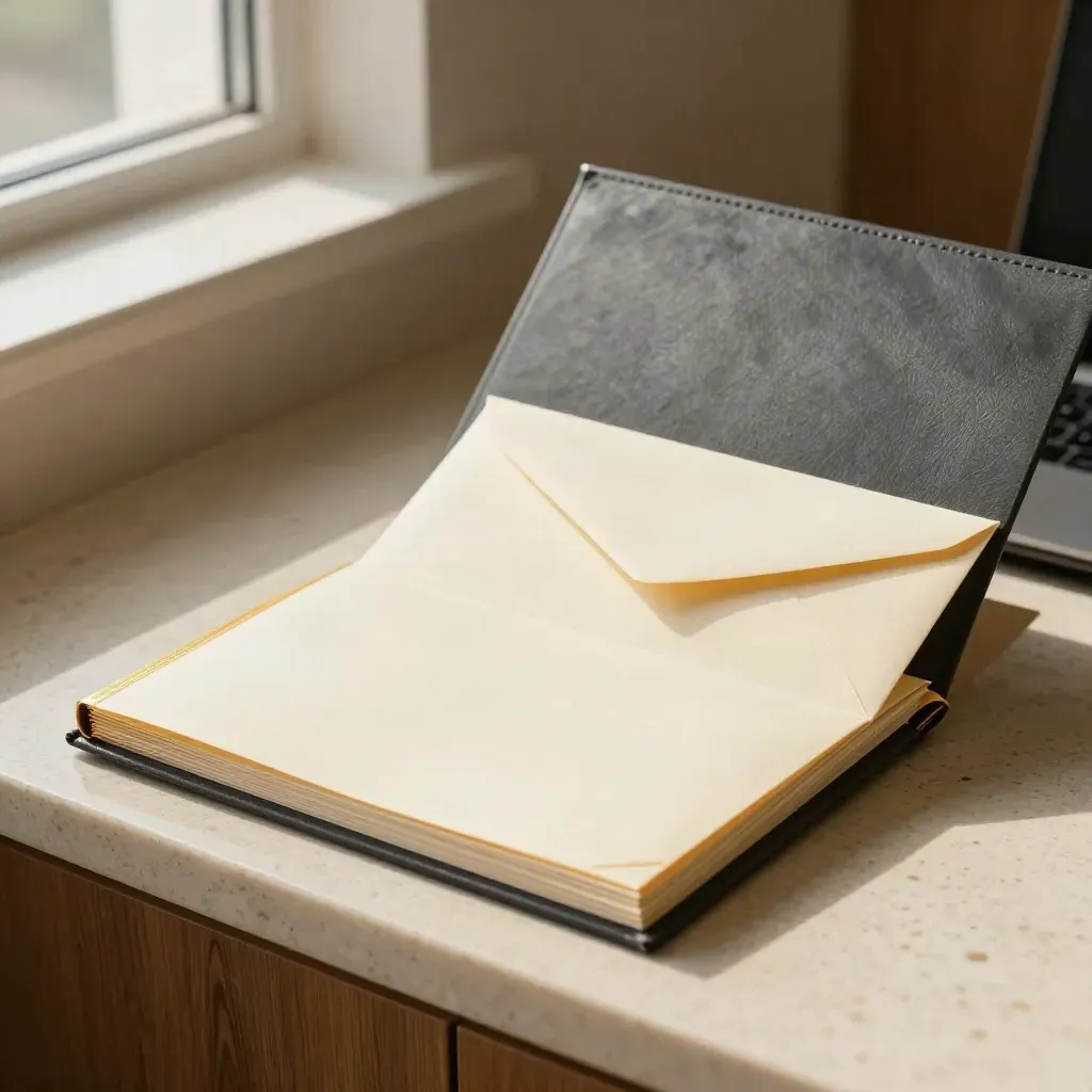 First-hire legal pack with folio, policy binder and welcome envelope on travertine.