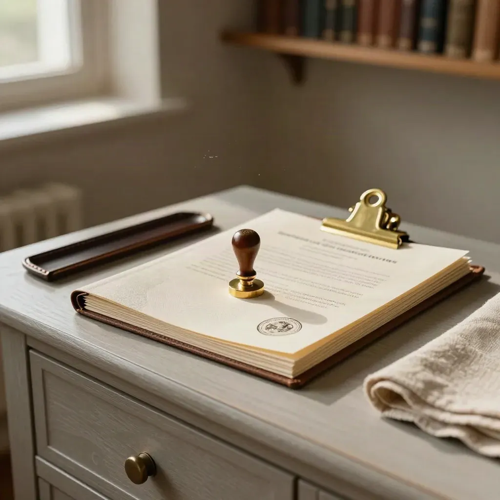 Legal incorporation bundle with seal, shares folder and brass clips on a sunlit sideboard