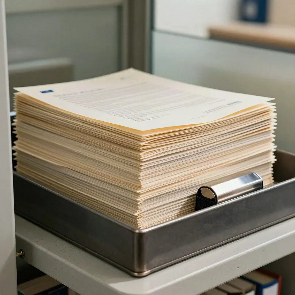Sealed demand letters and a ledger block in a dark mail tray, lit by a hard side beam.