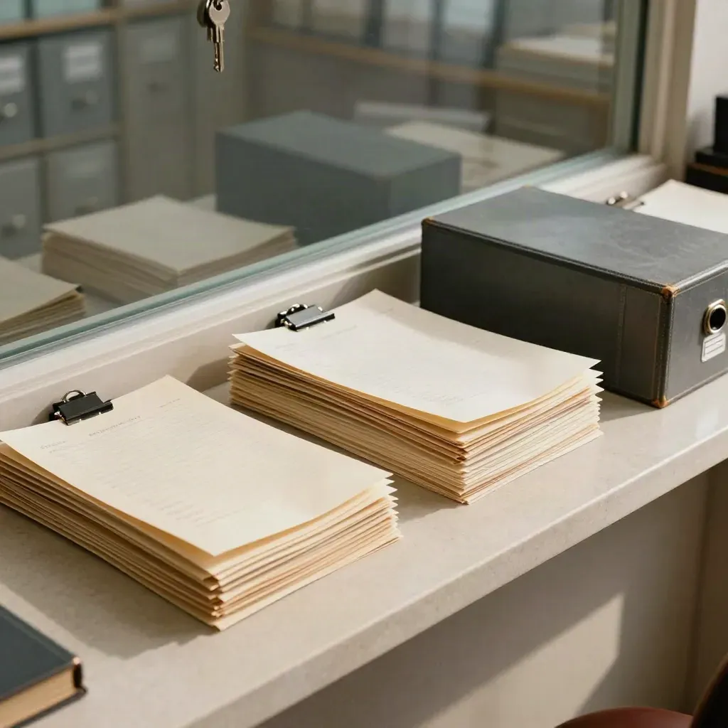 Court-ready defence bundle, evidence sleeves and archive box on a law office records counter