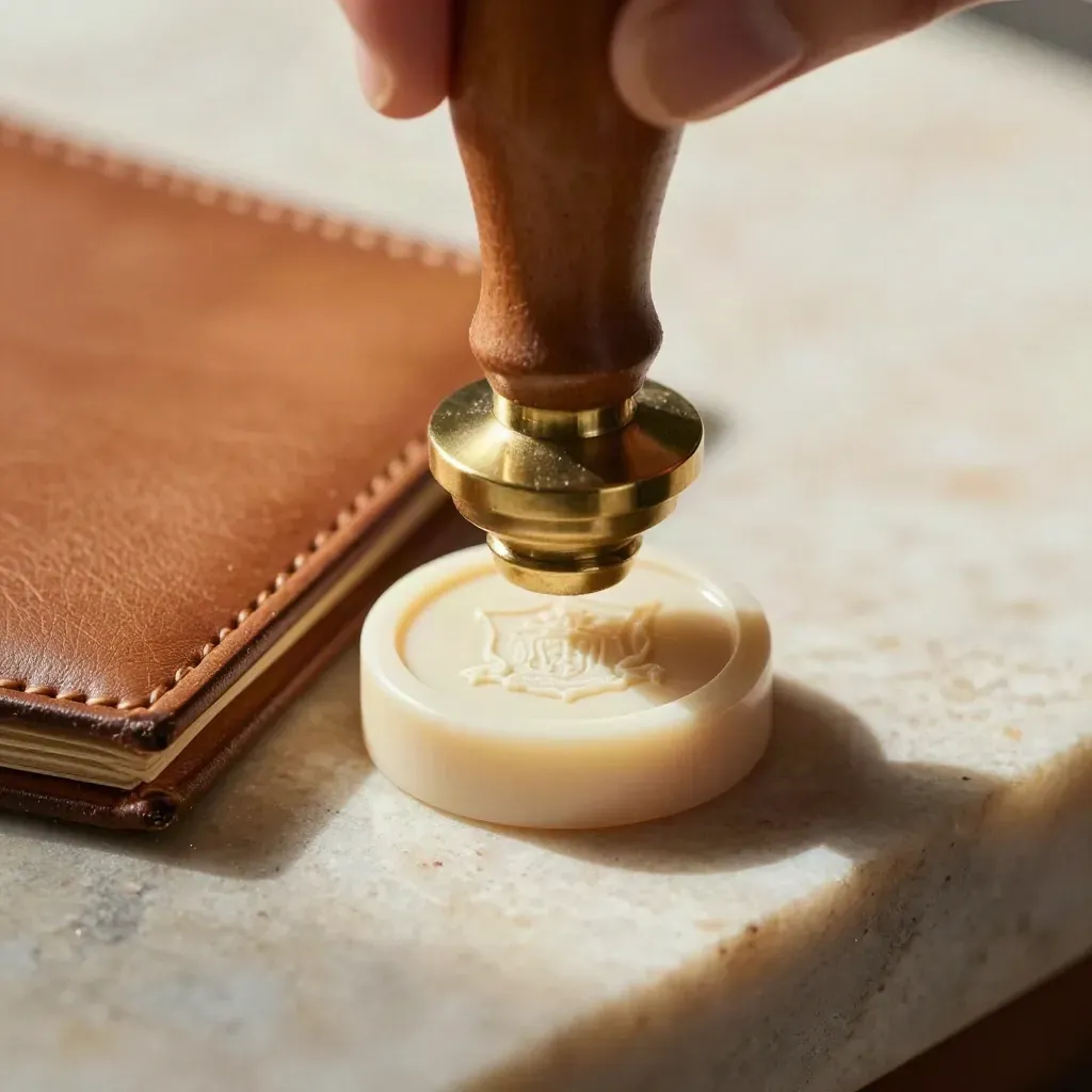 Brass seal stamp lifting from ivory wax beside leather folio on travertine stone.