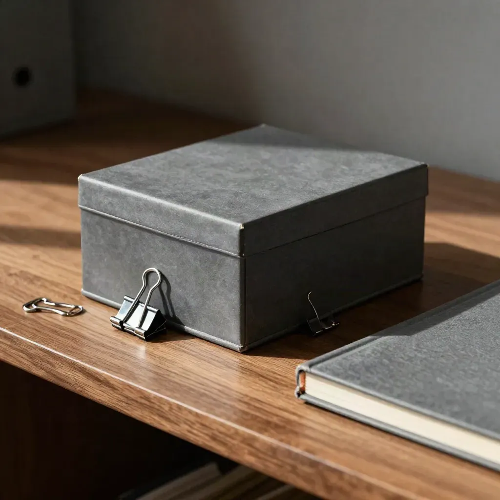 Graphite archive box, binder clips, and closed notebook on a walnut shelf in dramatic side light.