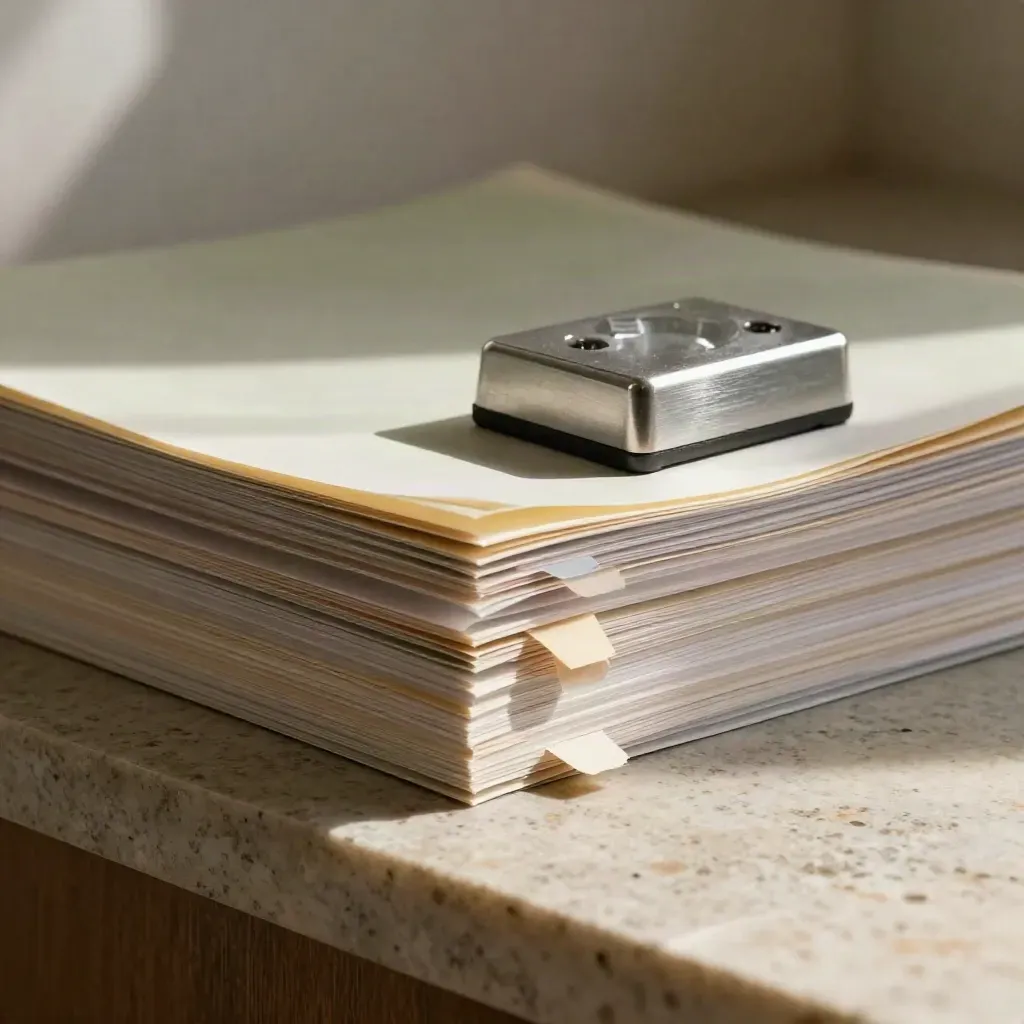 Acetate evidence sleeves, colour tabs and a silver paperweight on a pale legal file stack.