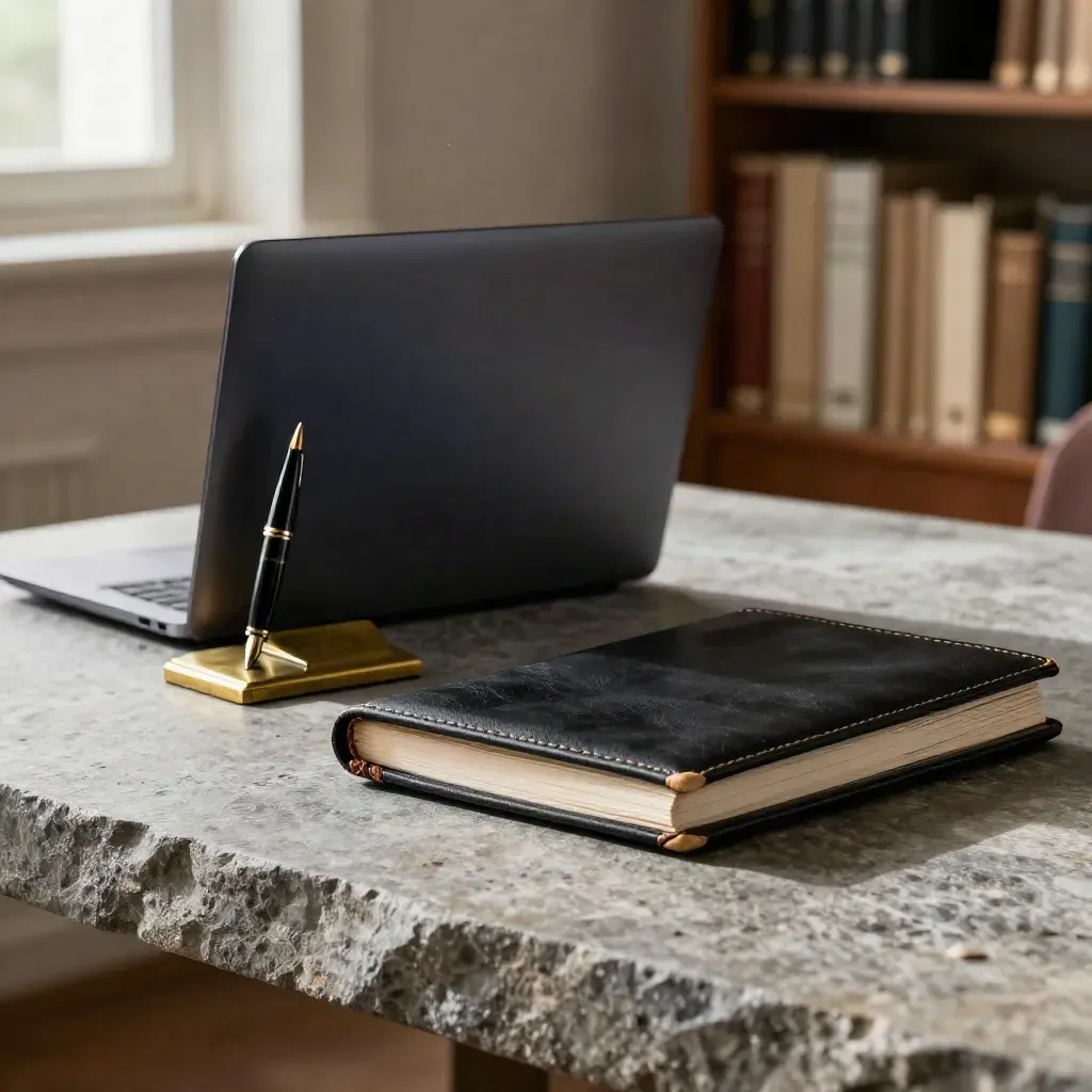 Legal desk still life with laptop, pen, folio and brass bookend on stone in soft daylight.
