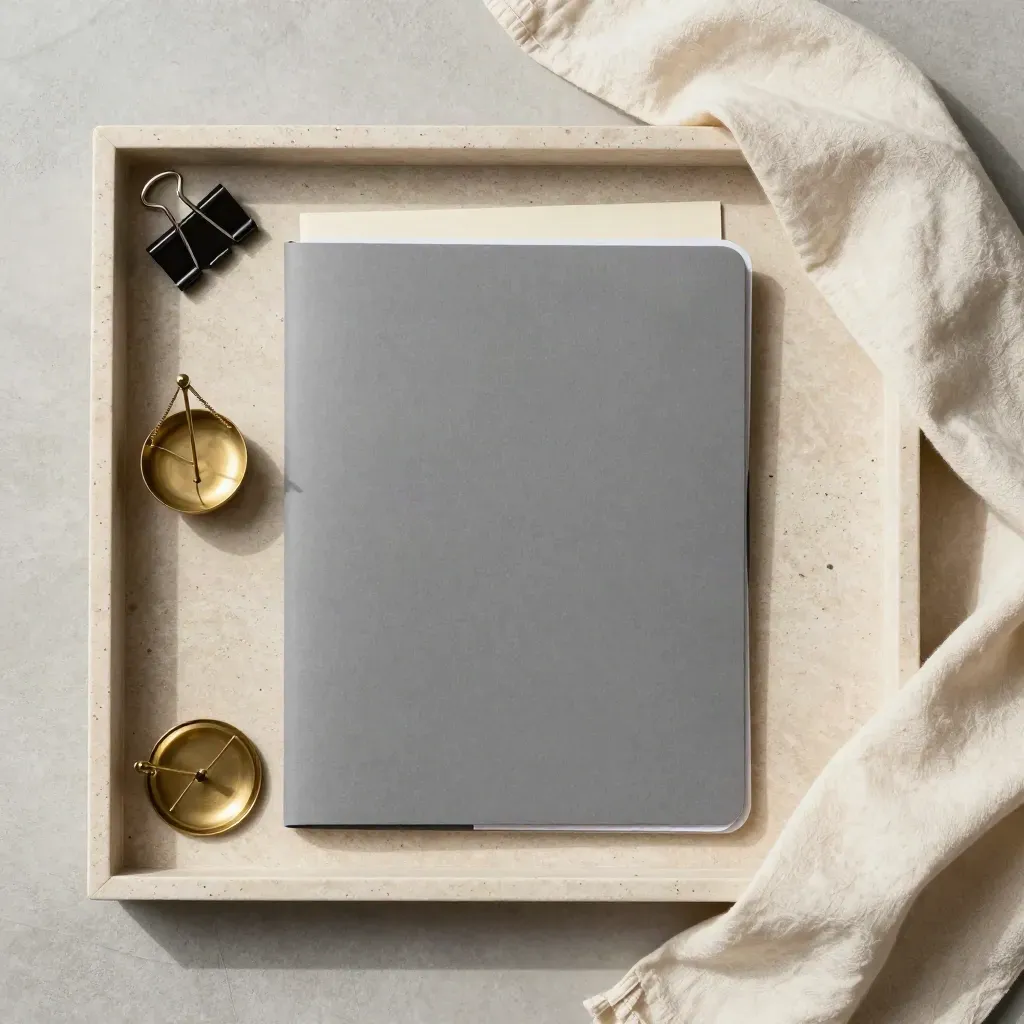 Top-down legal still life with folder, brass scales, binder clip, and linen cloth on stone tray.