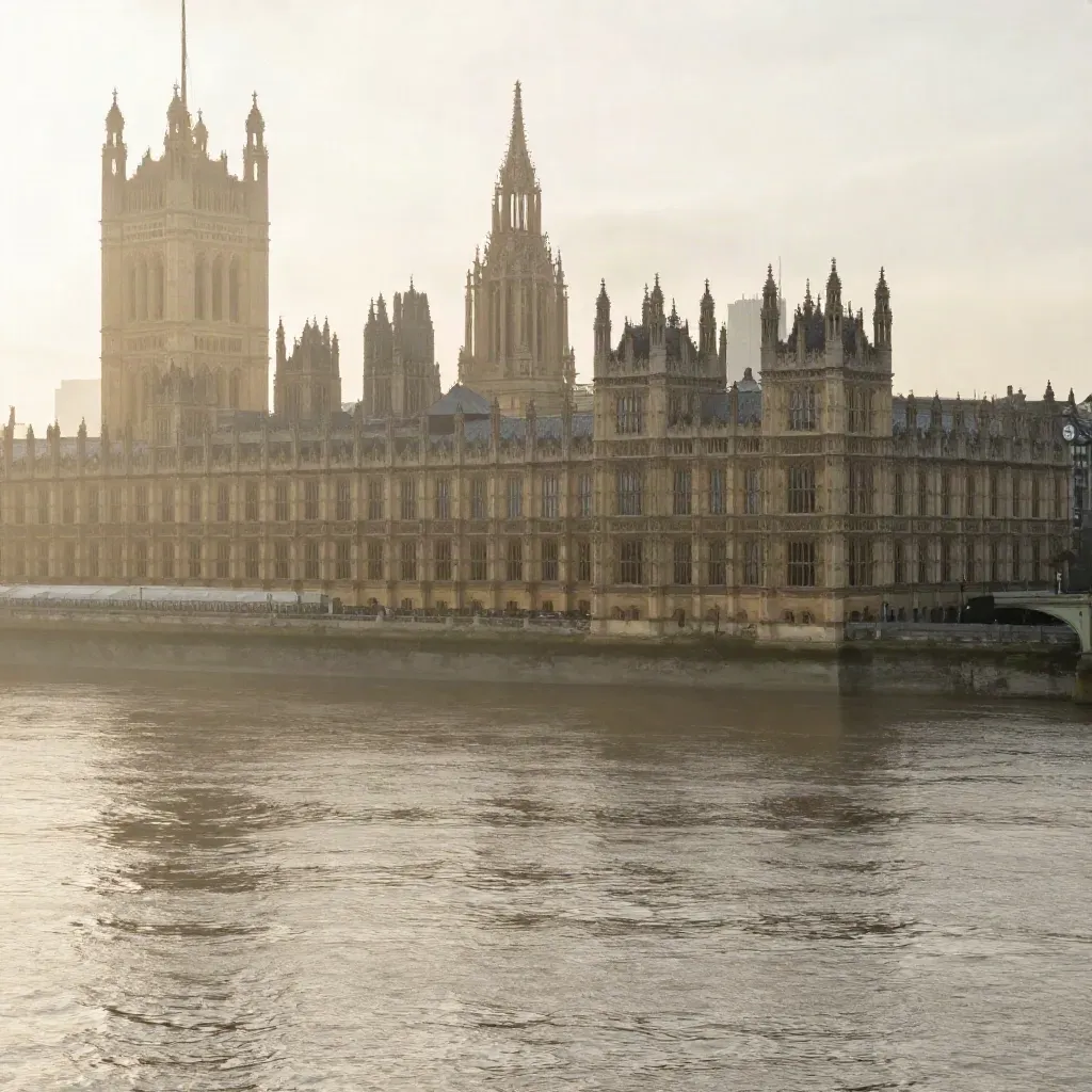 Dawn haze over the Thames and Westminster skyline, with calm water and soft stone façades.