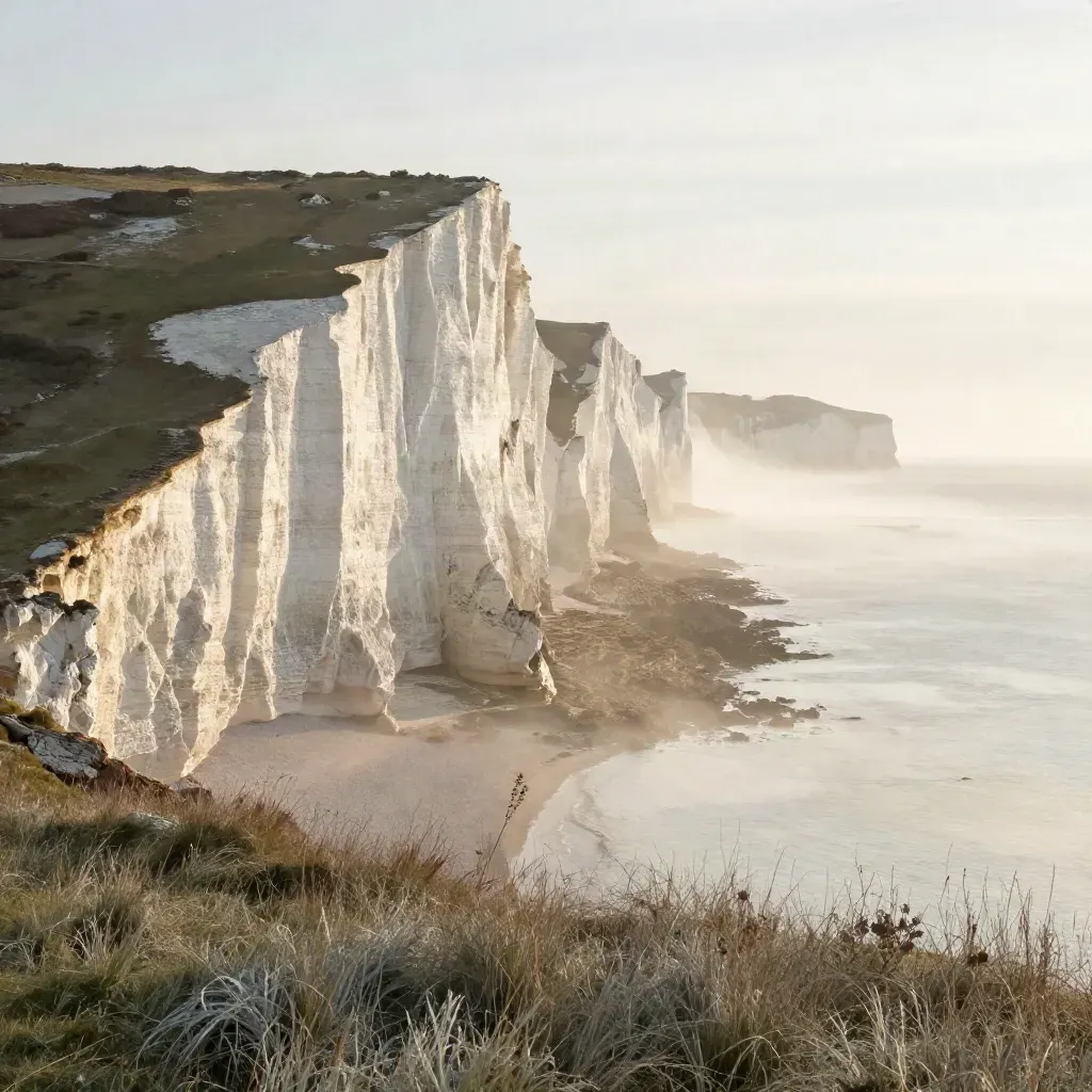 Sunlit white cliffs above a hazy pale sea with calm chalk foreground