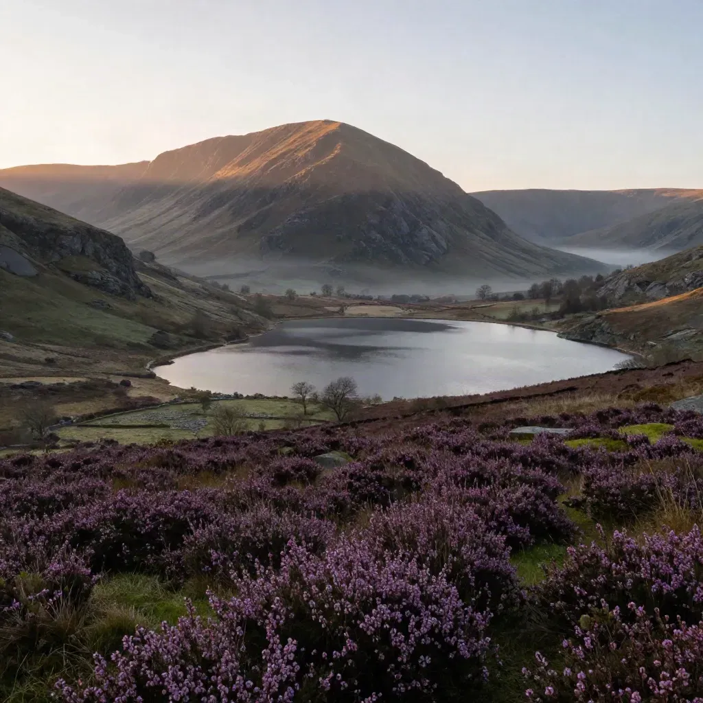 Lake District ridge above a still tarn at sunset with misty heather moor