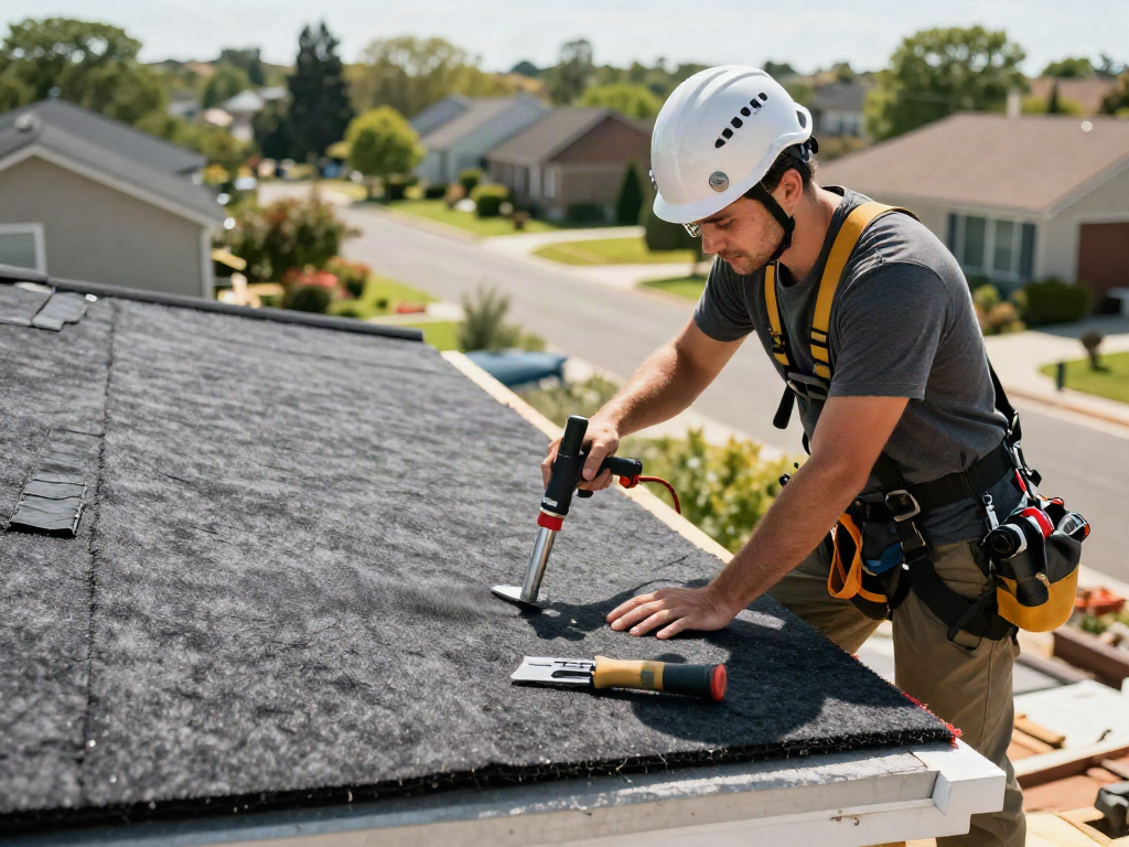 Expert felt roofing installation on a flat roof, showcasing reinforced layers and roofing tools in a suburban setting.