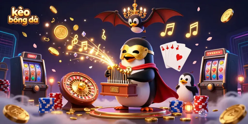 Experience thrilling kèo bóng đá adventures with a dynamic casino scene featuring a masked penguin and a chandelier bat.