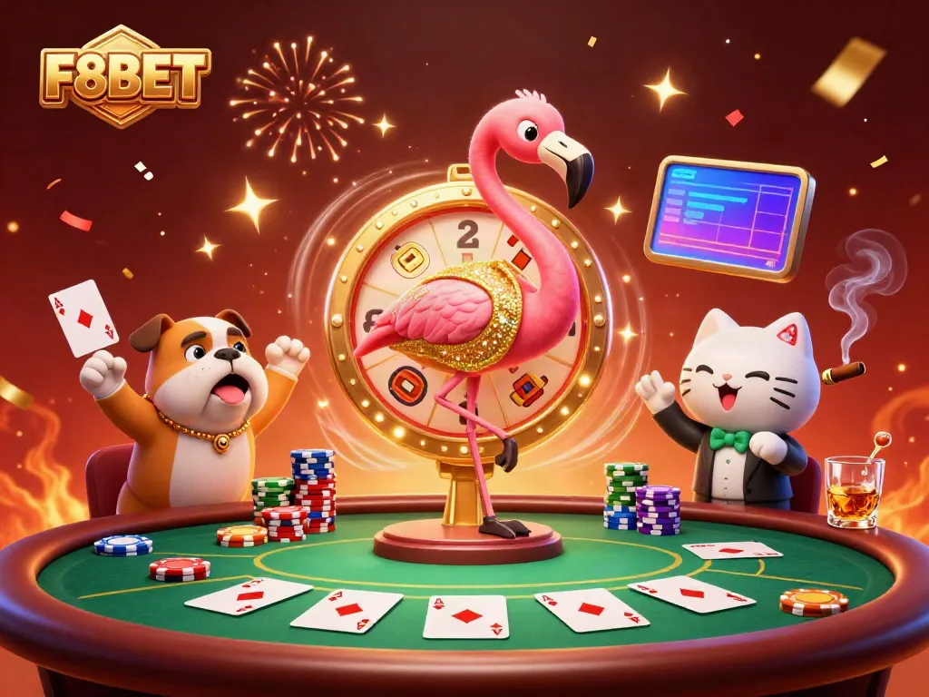Experience F8BET's thrilling casino moments with a cartoon flamingo, bulldog, and scoreboard cat in an immersive prize scene.