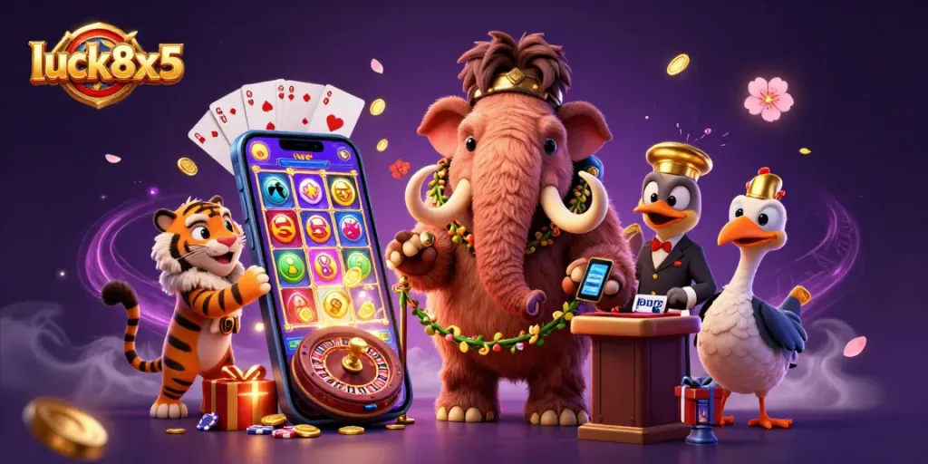 Luck8x5 showcases a vibrant casino scene with a woolly mammoth, saber-tooth tiger, and dodo bird in action.