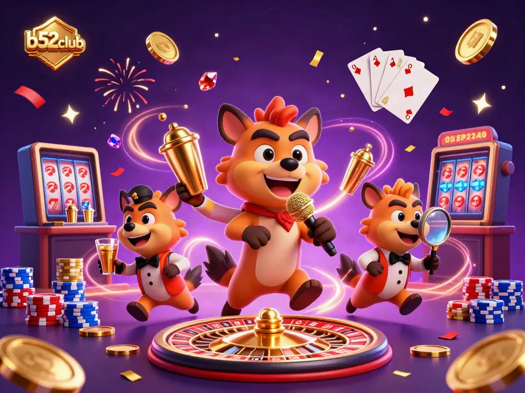 Experience the party at b52club where hyenas run the casino, mixing drinks and making jokes amidst golden coins.