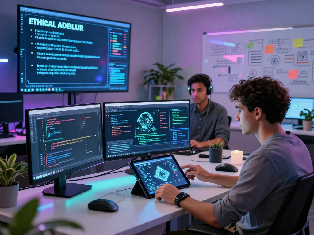 Innovative NSFW AI development scene, showcasing diverse professionals collaborating in a vibrant workspace.