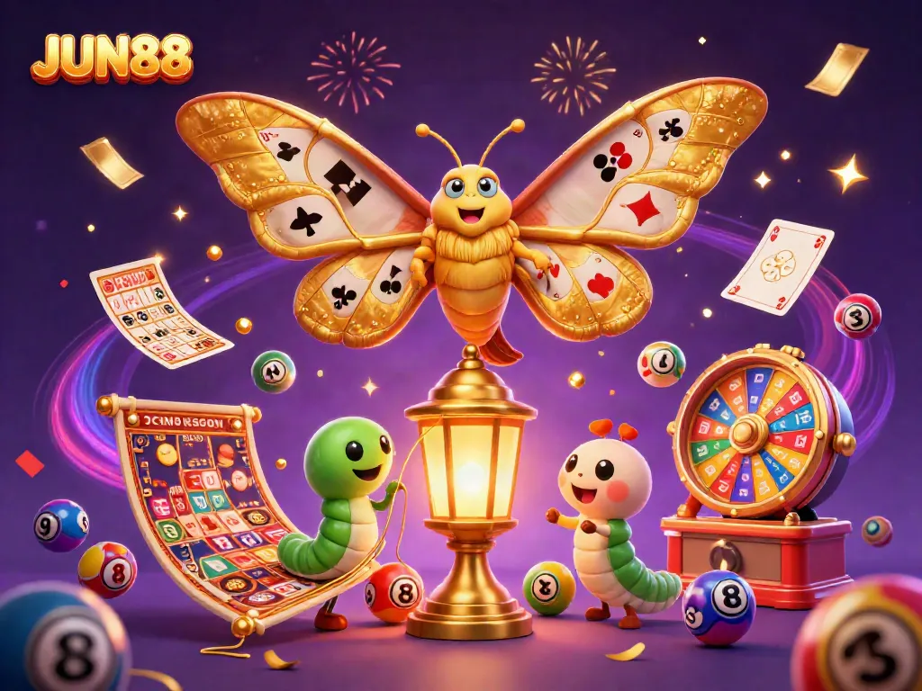 JUN88 illuminates gambling fun with a golden moth and festive casino elements in 3D.