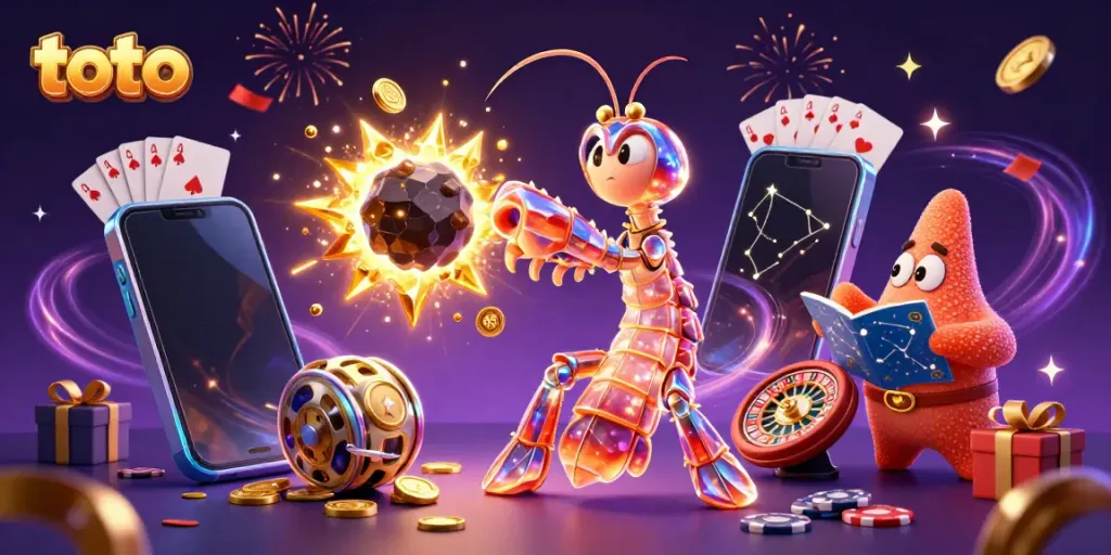 Toto-themed illustration featuring a mantis shrimp and starfish in a dynamic casino scene.