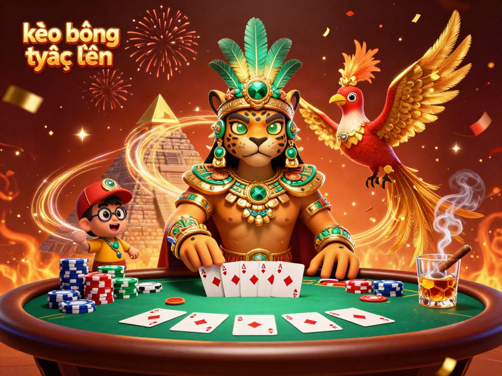 Engaging illustration of kèo bóng trực tuyến featuring a jaguar priest and vibrant casino elements.