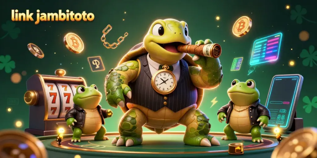 Join the action at link jambitoto with a lively casino scene featuring a turtle mobster and neon elements.