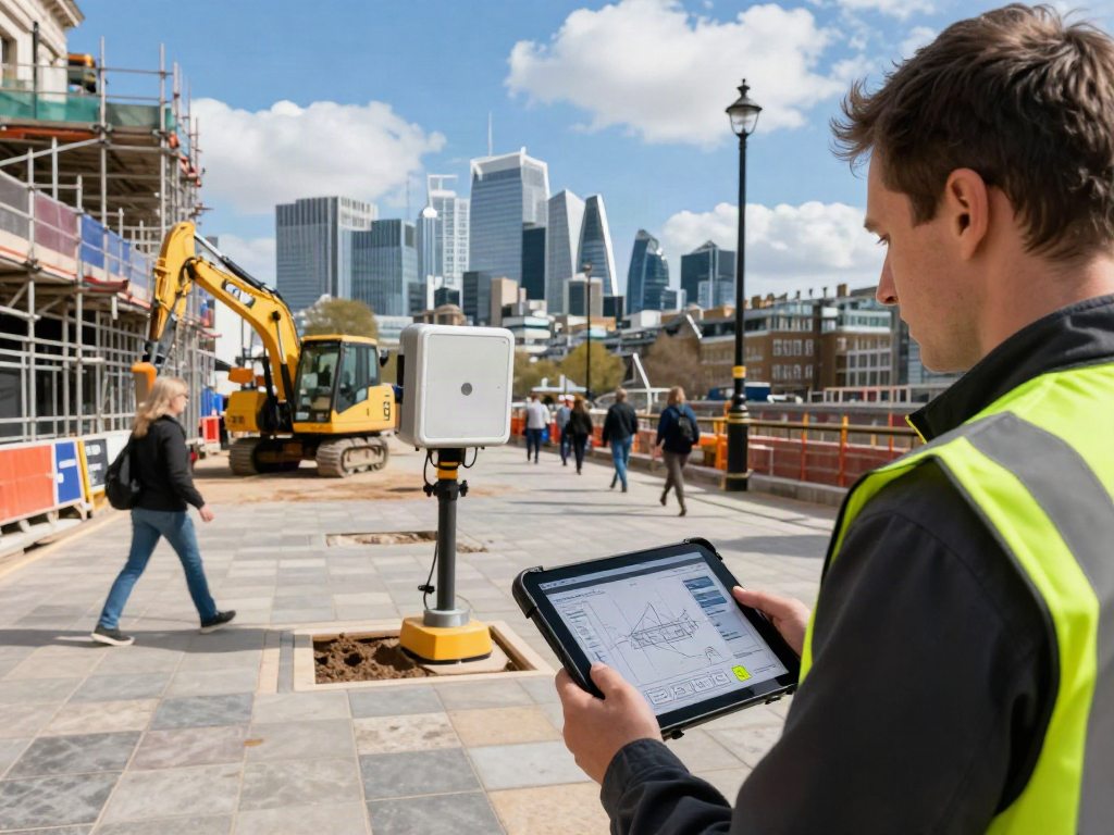 GPR Survey London: Surveyor conducting a ground penetrating radar survey on a busy urban street.
