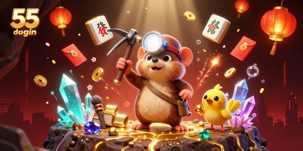 Engage in thrilling gaming with 55 club login while a treasure hunter and canary gather riches amidst glowing gems.