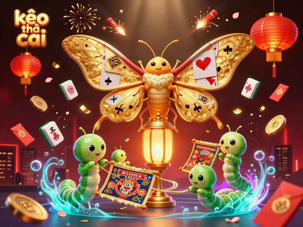 Experience vibrant casino scenes with kèo nhà cái showcasing golden moths and festive decorations.