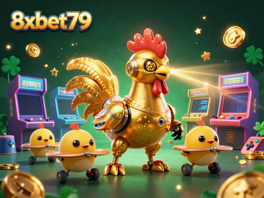 Experience thrilling gaming with 8xbet79's golden rooster robot and arcade excitement in a captivating casino scene.