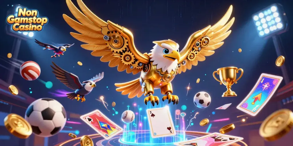 Engage with the action of Non Gamstop Casino featuring a cybernetic eagle amidst flying cards and sports elements.