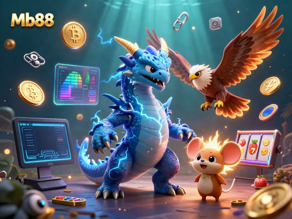 Experience thrilling gameplay with Mb88 as a thunder dragon and hawk join vibrant coins and slot elements in a dynamic casino scene.