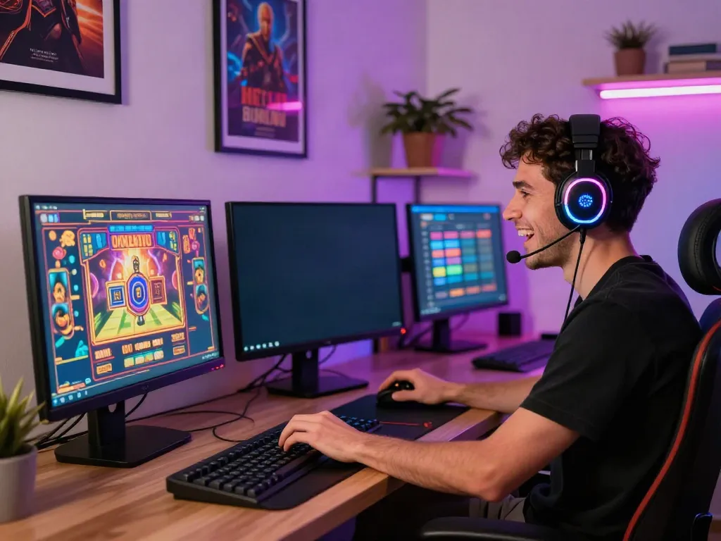 Engaging online casino scene featuring player and colorful virtual game graphics for casino not on gamestop.