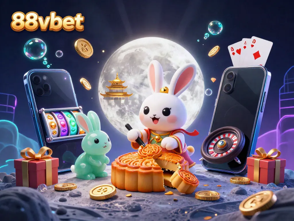 Experience the magic of 88vbet with a dynamic scene showcasing captivating moon rabbits and gaming excitement.