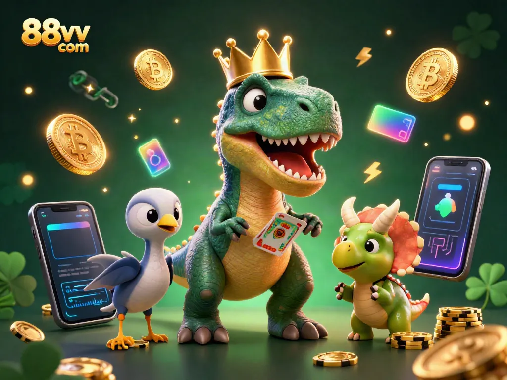 Engage with thrilling games at 88vv com featuring a cartoon T-Rex and gambling elements among neon coins.