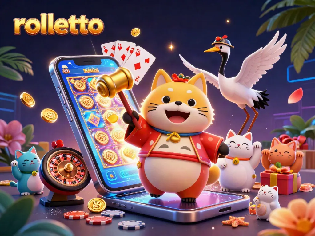 Engage in a vibrant rolletto casino illustration with festive elements and dynamic gaming features.