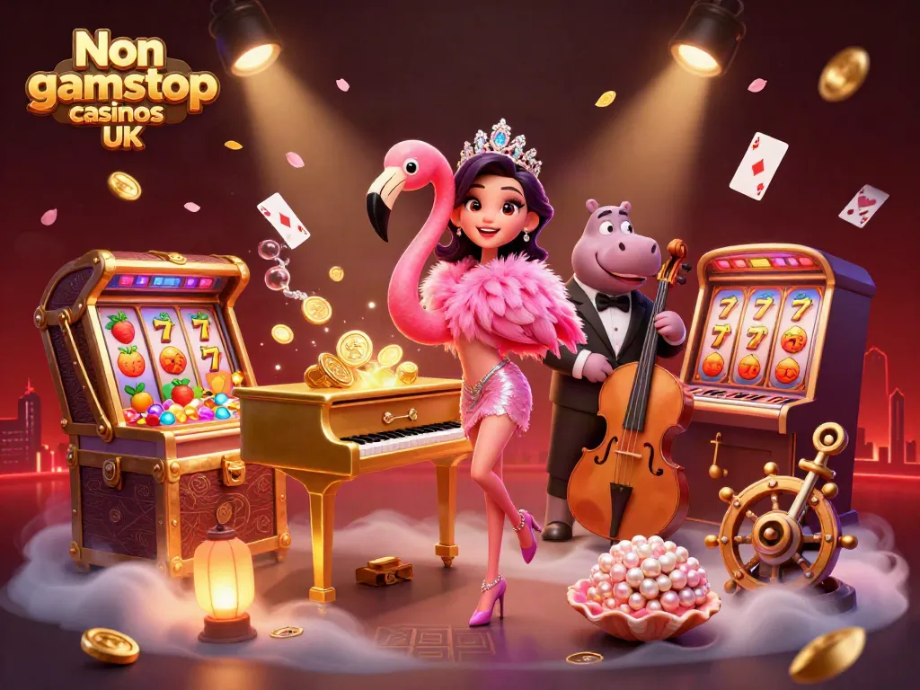 Engage with Non gamstop casinos UK in a vibrant 3D casino scene featuring lively characters and slot elements.
