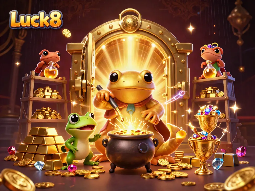 Play and win with Luck8 in this enchanting casino illustration, featuring gold coins and treasures.
