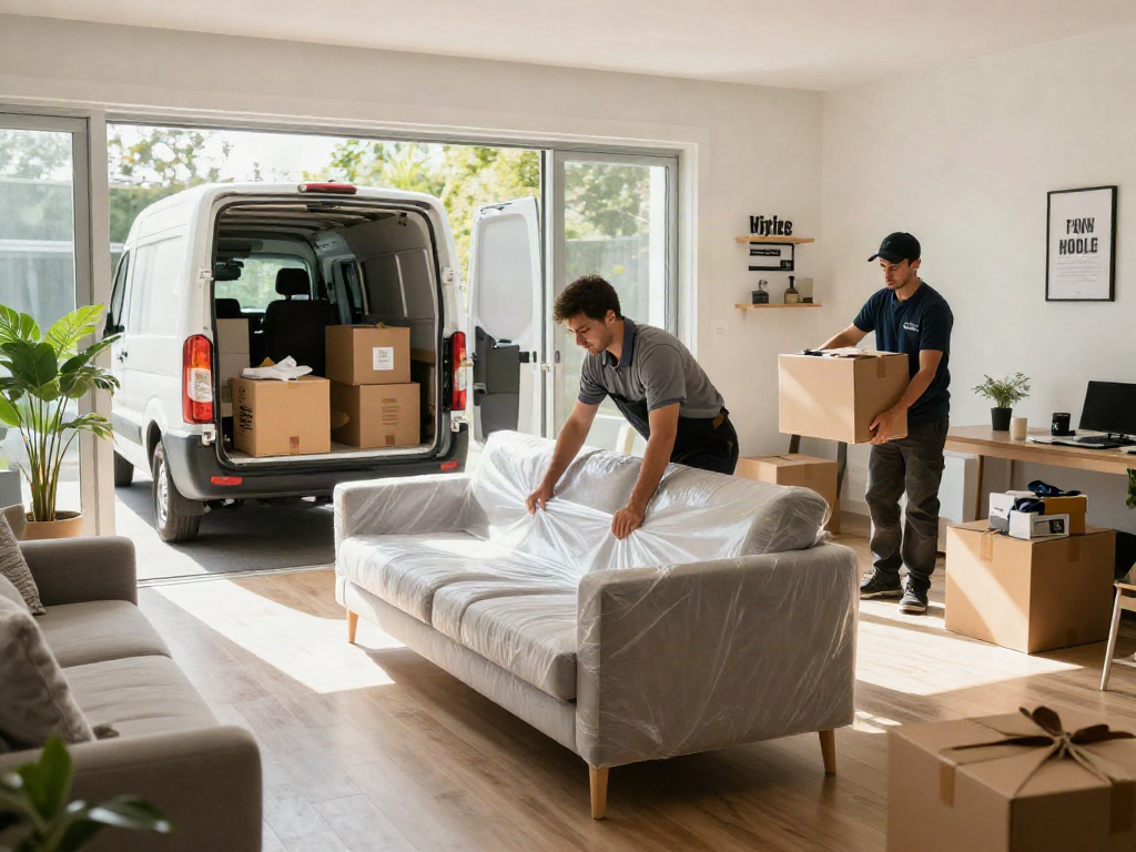 Professional movers wrapping furniture removals items in a bright living room.
