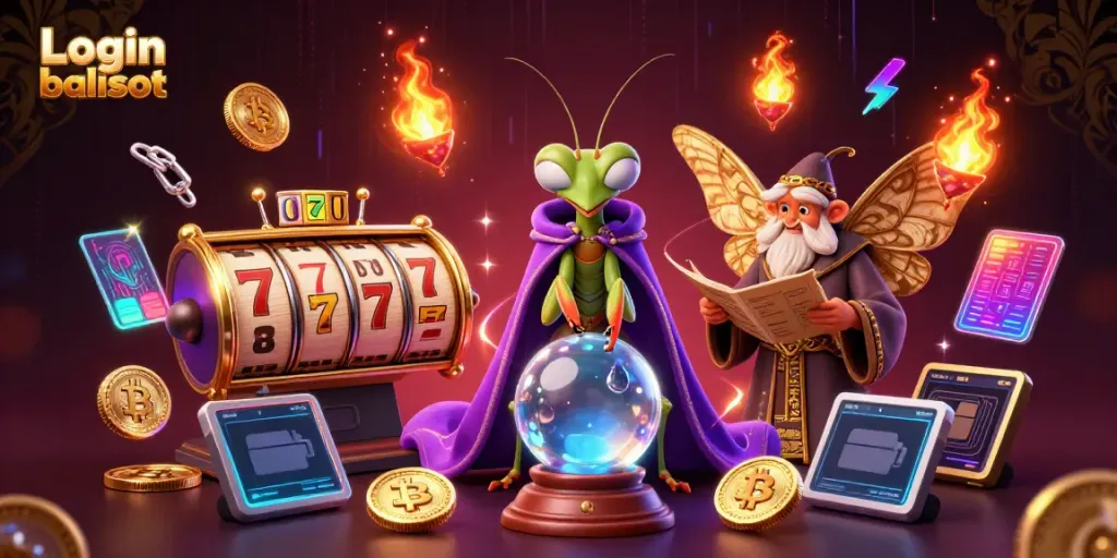 Engage with the dynamic world of Login balislot, featuring a mystical scene with a fortune teller, moth librarian, and glowing digital elements.