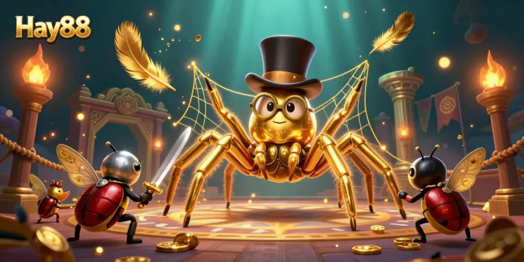 Experience the excitement of Hay88 with a 3D illustration featuring a golden tarantula and beetle knight in a dynamic casino setting.