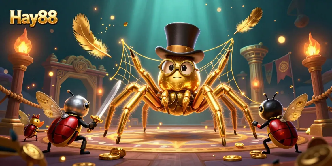 Experience the excitement of Hay88 with a 3D illustration featuring a golden tarantula and beetle knight in a dynamic casino setting.