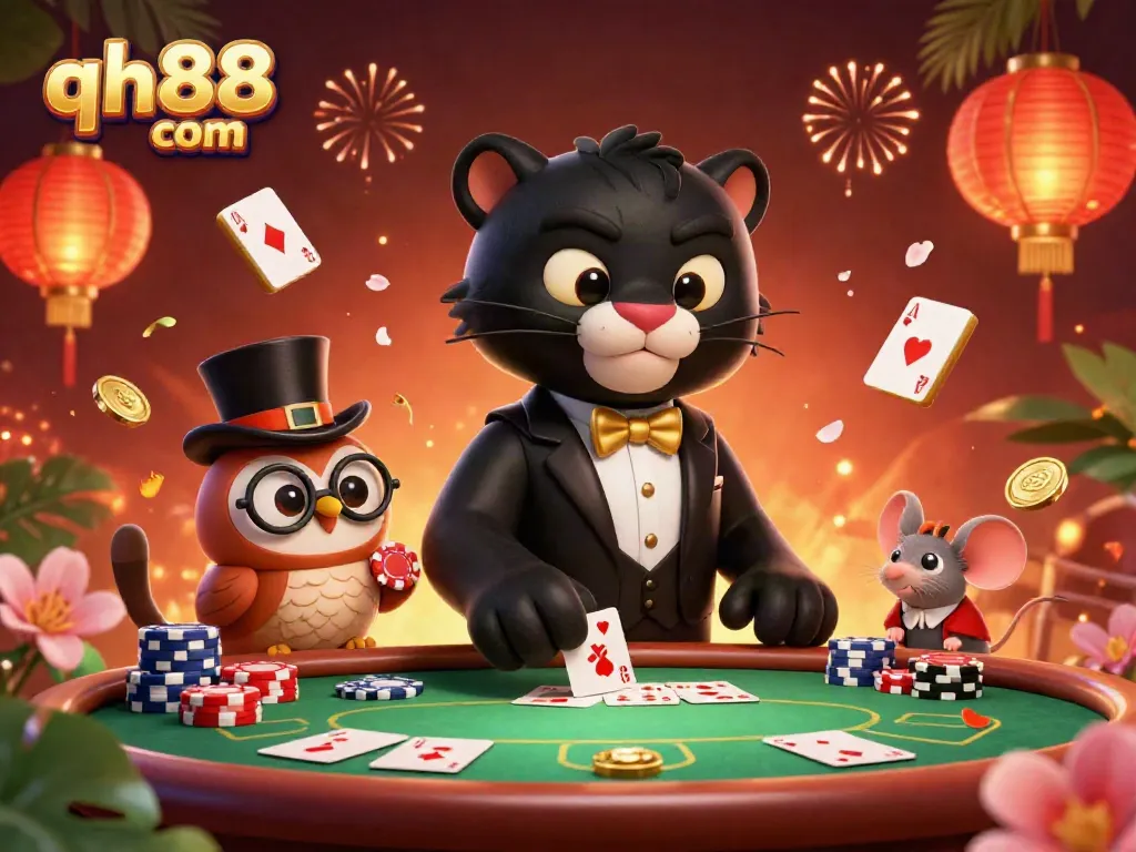 Experience the excitement of qh88 com with engaging characters and dynamic casino elements in a vibrant scene.