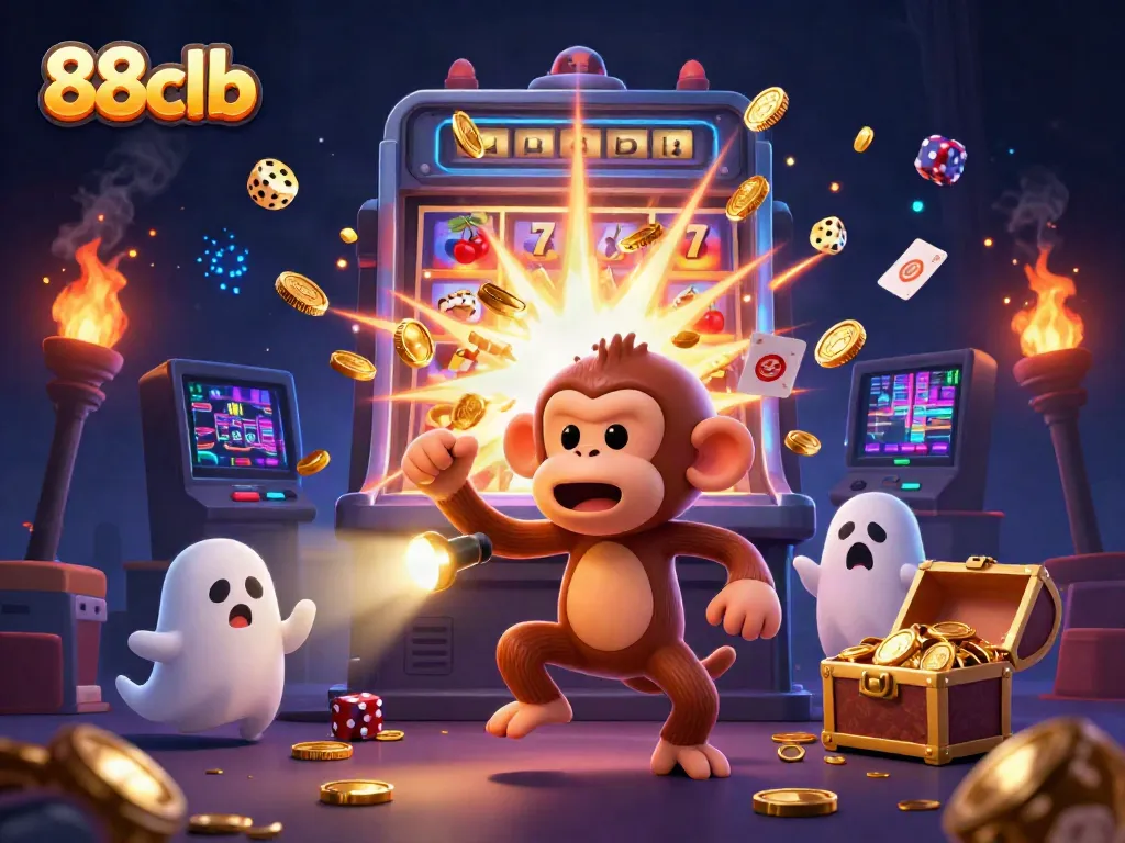 Experience thrilling moments at 88clb casino with a juggling poltergeist and curious puppy in a magical scene.