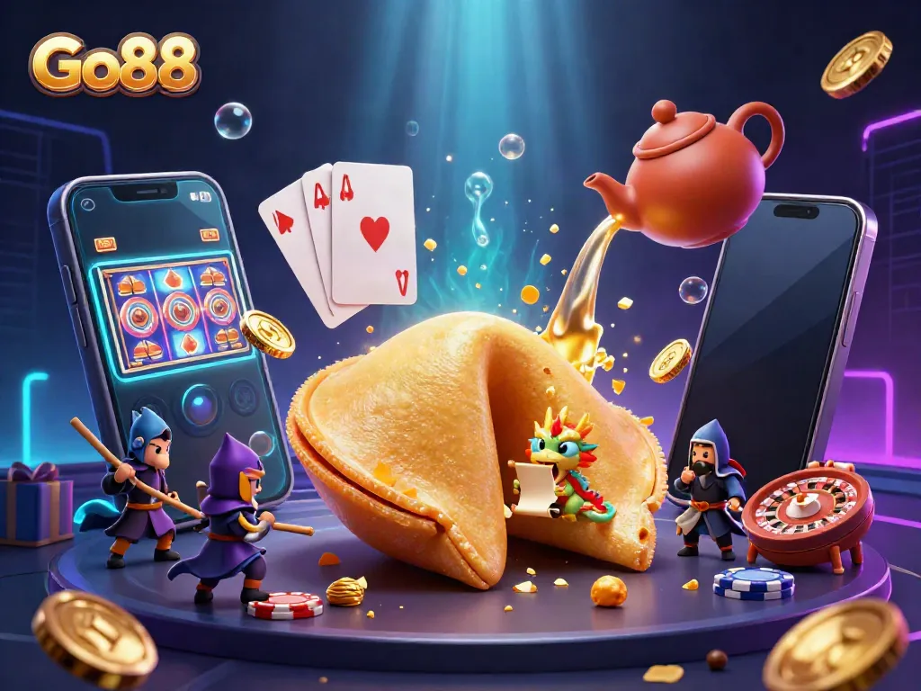 Engage in thrilling casino action with Go88 featuring a golden fortune cookie, dragon, and vibrant game elements.