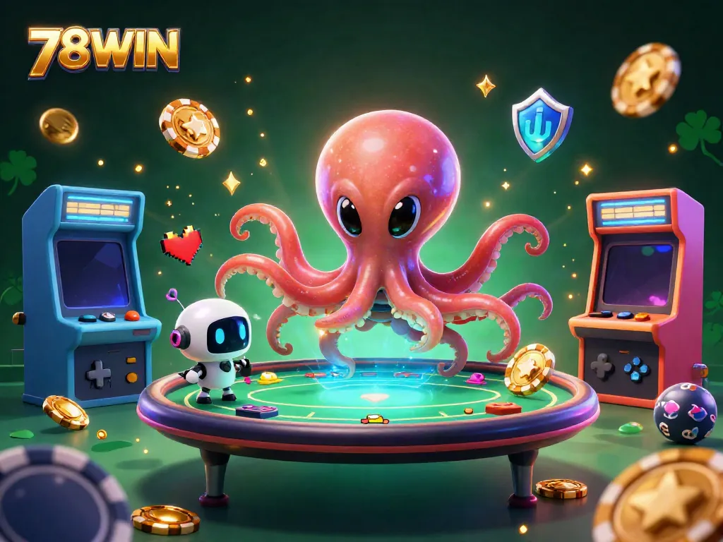 Experience thrilling gaming at 78WIN with the vibrant alien octopus at a holographic poker table surrounded by colorful gaming elements.