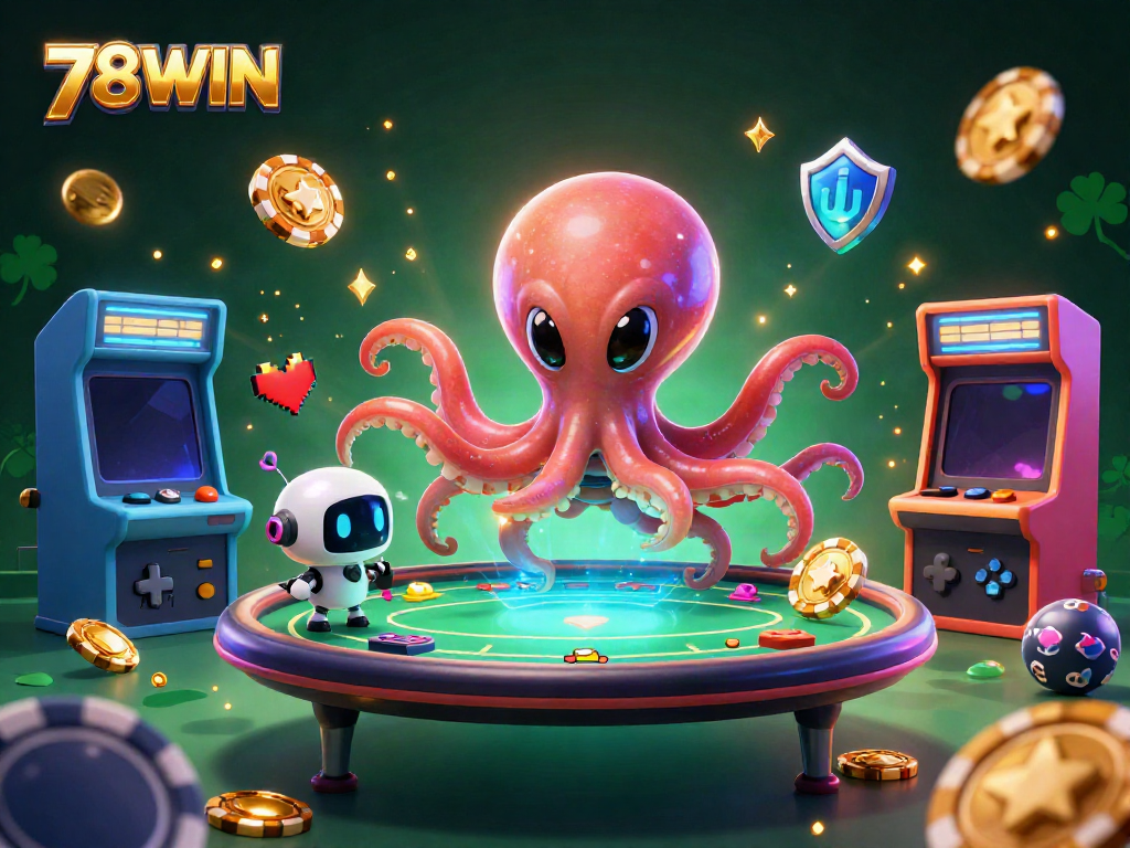 Experience thrilling gaming at 78WIN with the vibrant alien octopus at a holographic poker table surrounded by colorful gaming elements.