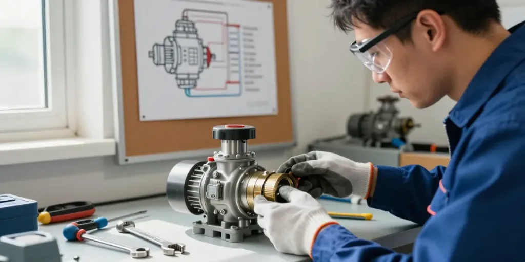 Technician examining a water pump pressure switch in a professional workshop.