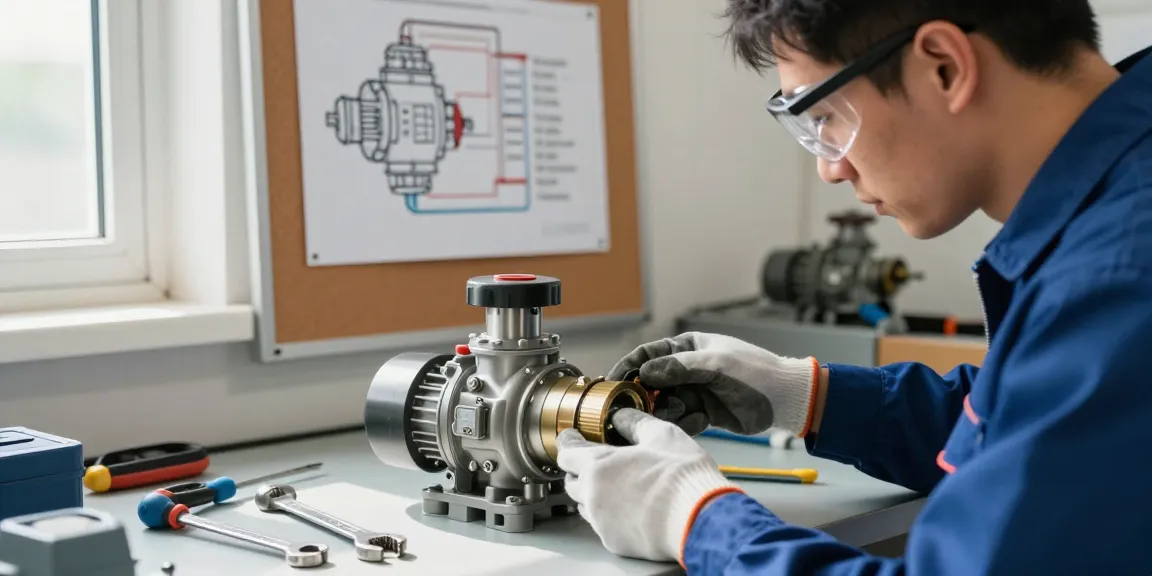 Technician examining a water pump pressure switch in a professional workshop.
