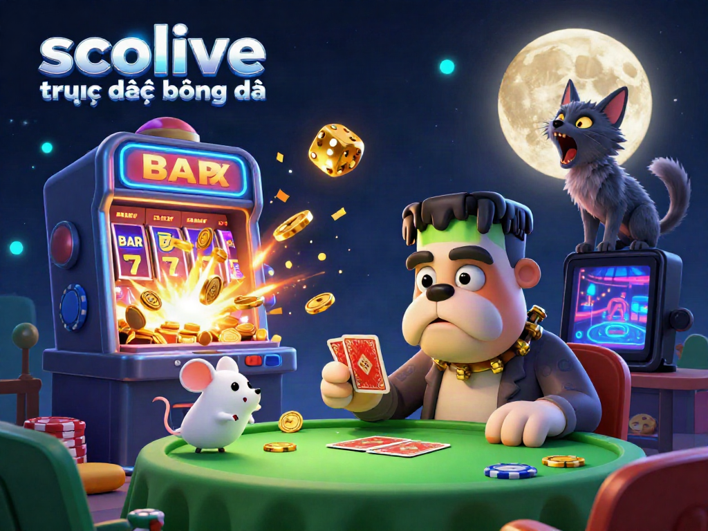 Socolive trực tiếp bóng đá showcases a dynamic 3D illustration featuring a playful Frankenstein bulldog dealing cards, a ghost mouse with chips, and a golden moon howling werewolf kitten.
