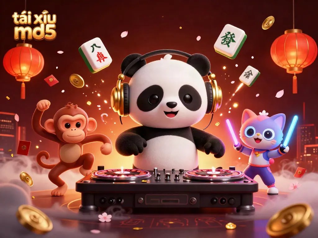 Engage with tài xỉu md5 in a vibrant 3D casino scene featuring a DJ panda and lively characters.